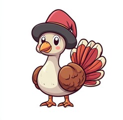Cute cartoon turkey wearing a fashionable hat, perfect for Thanksgiving holiday designs and cheerful autumn decorations