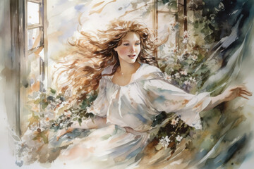 Watercolor illustration of a young girl in a white dress standing by an open window.  