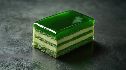Lush green cake slice with creamy layers and a glossy glaze, perfect for dessert lovers and pastry enthusiasts seeking indulgent treats.