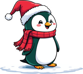 Fototapeta premium Penguin Vector design with Outline of A cute Frosty the Penguin wearing a Santa claus hat and scarf on white background