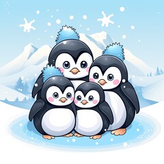 Fototapeta premium Cute Cartoon Penguins Standing Together in a Winter Wonderland with Snowy Landscape and Mountains in the Background, Perfect for Children's Illustrations or Winter Themes