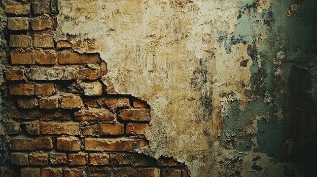 Weathered brick wall texture featuring chipped paint and exposed bricks, showcasing a rustic and aged appearance for design inspiration.