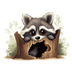Cute raccoon character peeking out from a hollowed tree stump surrounded by soft greenery, featuring large expressive eyes and a playful demeanor ideal for children's illustrations.