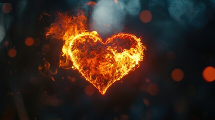 Heart-shaped flame illuminating a softly blurred background with vibrant bokeh effects, creating an artistic and romantic atmosphere.