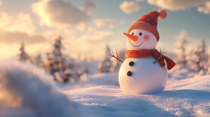 Fototapeta premium Cheerful snowman wearing a red hat and scarf stands joyfully in a snowy landscape, capturing the essence of a festive winter wonderland.