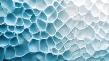 Obraz premium Textured 3D geometric backdrop in soft shades of light blue and white, ideal for presentations, showcasing intricate bubble-like patterns.