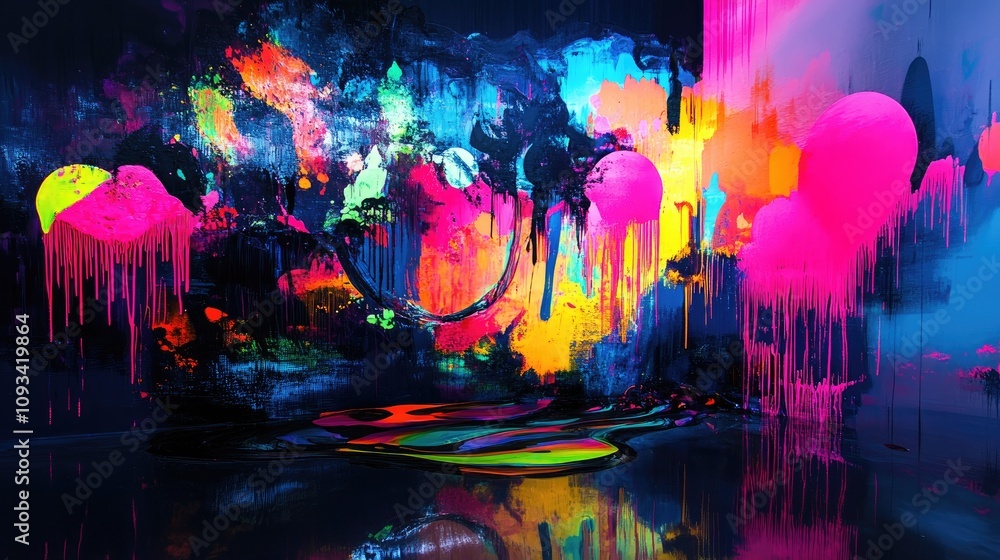 Poster dynamic abstract artwork featuring vibrant neon colors and drips, creating a lively and immersive at