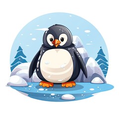 Naklejka premium Cute Cartoon Penguin Standing on Ice with Snowy Background and Pine Trees, Ideal for Winter-Themed Graphics and Children's Illustrations