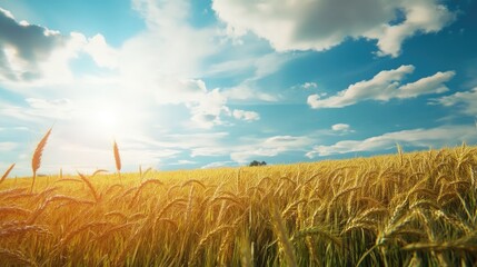 Vibrant golden wheat fields basking under a bright sky with soft clouds, showcasing advanced agricultural innovation in a serene landscape.