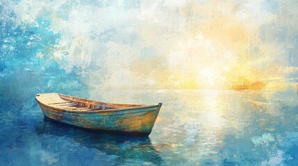 Fototapeta premium Impressionist seascape featuring a tranquil boat on shimmering water with golden sun rays, textured canvas ideal for modern art backgrounds.