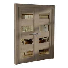 A wooden door with a silver handle and a silver knob