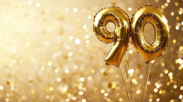 Gold foil number 90 balloons on slender strings, surrounded by a dazzling sparkling confetti background, perfect for a milestone birthday celebration.