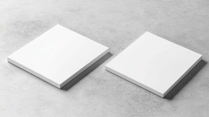 Blank white square mockup flyers and business cards with soft shadows on a light grey concrete surface, viewed from a flat lay perspective.