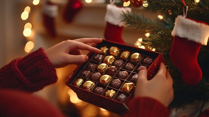 Hands interacting with a chocolate advent calendar styled with festive tones and a mantle filled with stockings