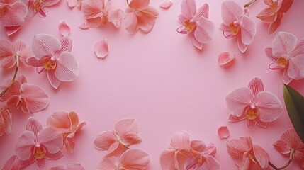 Fototapeta premium Delicate pink orchids scattered on a soft pink background, viewed from above, creating a serene space ideal for text or product placement.