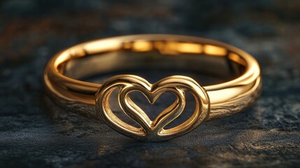 Gold ring adorned with intertwined heart motifs, featuring a polished finish and ample area for personal engraving or custom graphics.