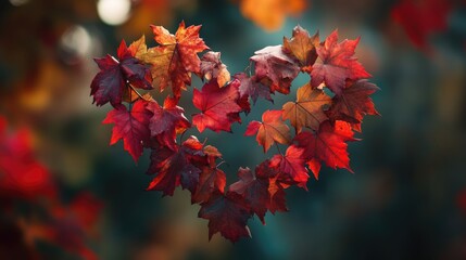 Heart-shaped arrangement of vibrant autumn maple leaves, showcasing rich reds and oranges that embody the beauty of the fall season.