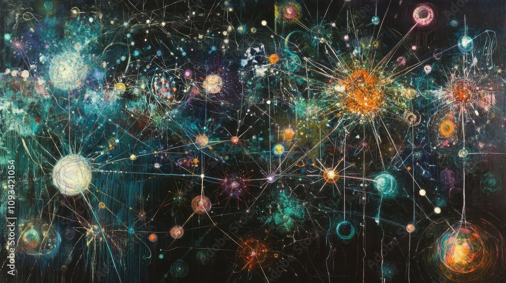 Poster vibrant cosmic neural network illustration representing ideas interconnected through synapses on a d