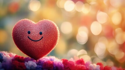 Smiling heart on a colorful backdrop radiating joy, ideal for Valentineâ€™s Day greeting card with ample space for personalized messages.