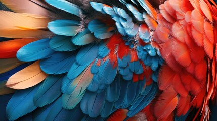Fototapeta premium Closeup of vibrant parrot feathers in red and blue shades showcasing an exotic and colorful texture in a mesmerizing display.