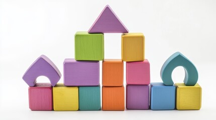 Obraz premium Colorful Wooden Blocks Stacked in Playful Arrangement - Colorful wooden blocks create a playful castle, symbolizing creativity, learning, childhood, imagination, and development.