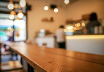 Blurred Cozy Cafe Interior with Wooden Table