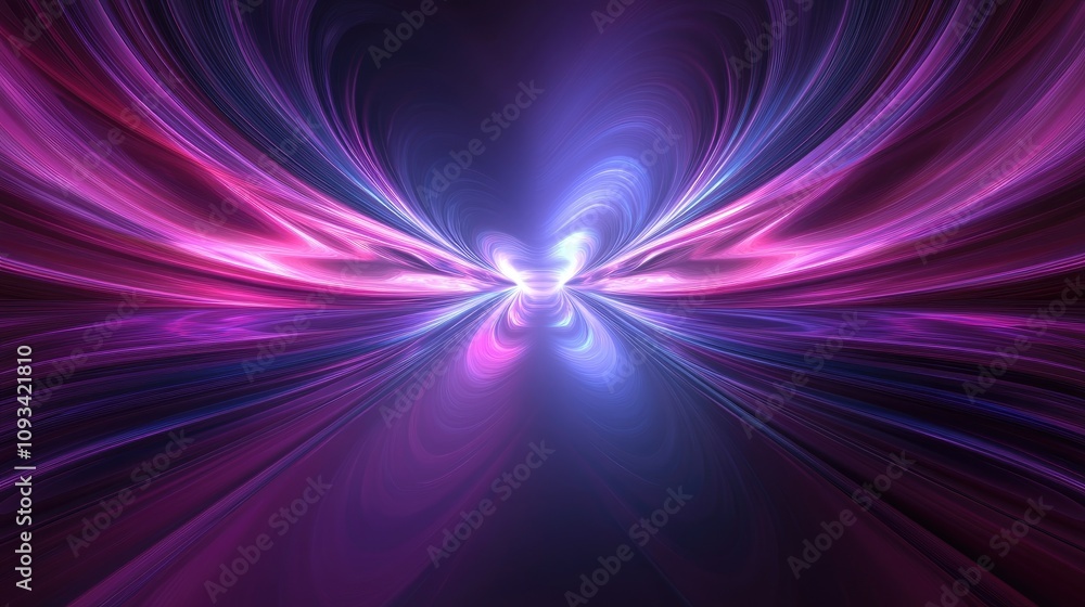 Poster futuristic abstract design showcasing a neon ultraviolet tunnel with dynamic radiant beams creating 