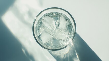 Refreshing iced lemonade served in a clear glass on a bright white surface, captured from an overhead angle highlighting its vibrant color and condensation.