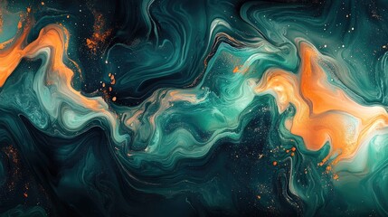 Swirling watercolor patterns in vivid hues of green, orange, and blue blend seamlessly in water, creating a mesmerizing fluid art effect.