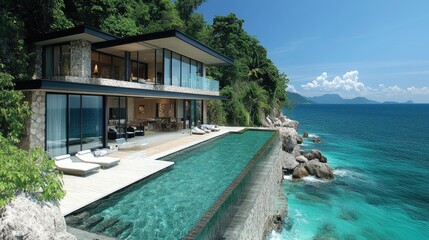 Fototapeta premium Modern villa overlooking a serene ocean with a luxurious infinity pool and lush greenery.