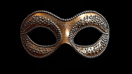 Elegant golden carnival mask embellished with shimmering silver beads on a sleek black background perfect for Mardi Gras celebrations and customizable text space.