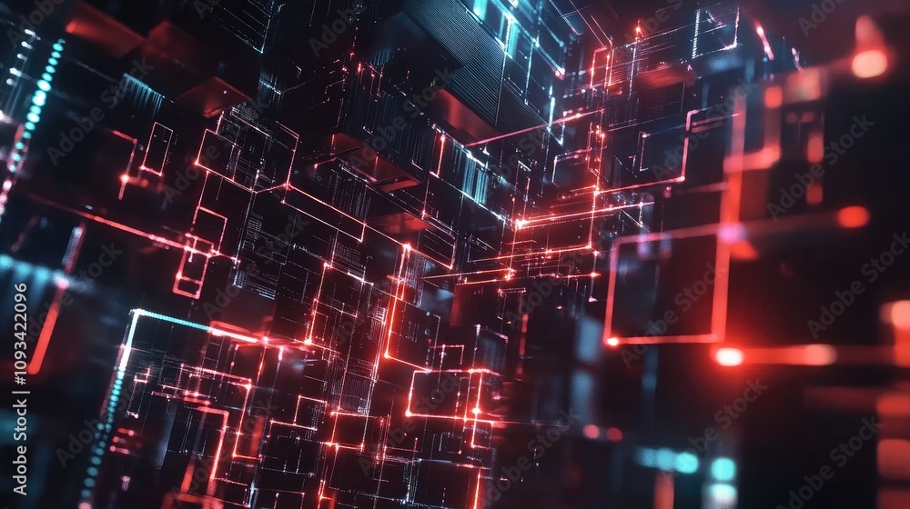 Poster abstract visualization of interconnected it networks with vibrant red and blue lines amidst a digita