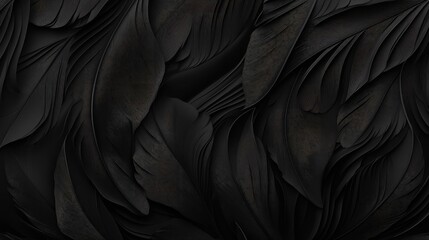 Obraz premium Elegant textured wallpaper showcasing a seamless design of dark, intricate feathers with rich layers and subtle variations in black hues.