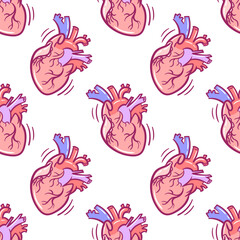 A detailed, hand-drawn illustration of a realistic anatomical heart in a doodle style. This sketch seamless pattern can be used as a For wallpaper, fabric, packaging, background