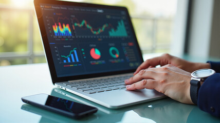 Person using a laptop with financial analytics dashboard in bright sunlight