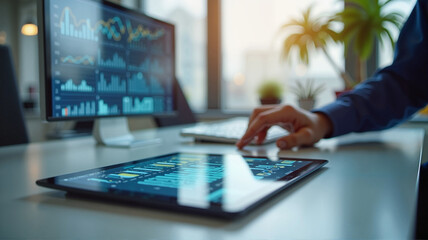 Person analyzing financial charts on a tablet in an office setting