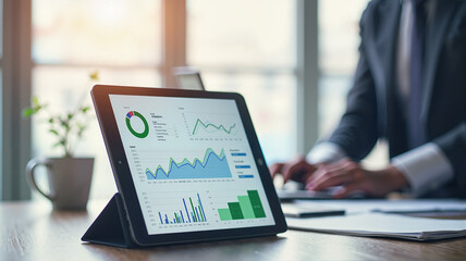 Financial graphs displayed on a tablet in a bright modern office