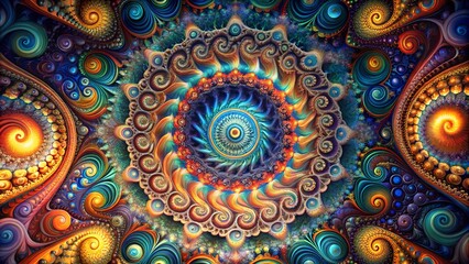 Vibrant fractal mandala with intricate spiral patterns