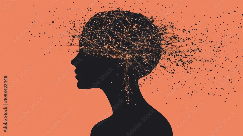 Poster silhouette of a human head with a network of connections symbolizing neural networks and natural lan