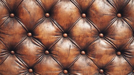 Fototapeta premium Close-up of a vintage brown leather tufted upholstery with button details, exuding a classic, rustic charm.