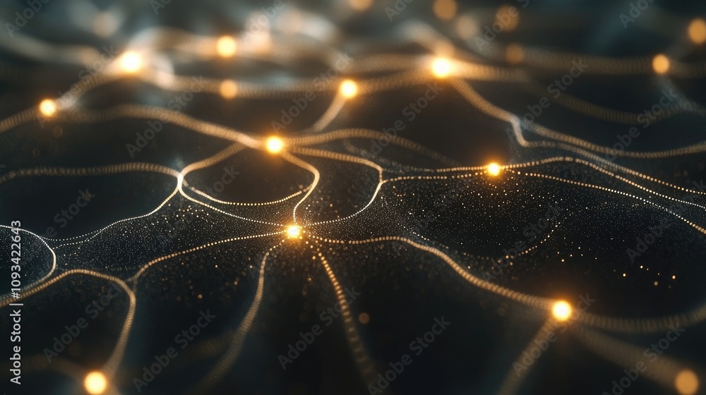 Poster abstract neural network illustration featuring interconnected luminous lines and glowing dots on a d