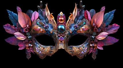Vibrant gothic carnival mask adorned with colorful feathers and gemstones, adding a mysterious allure for masquerade celebrations.