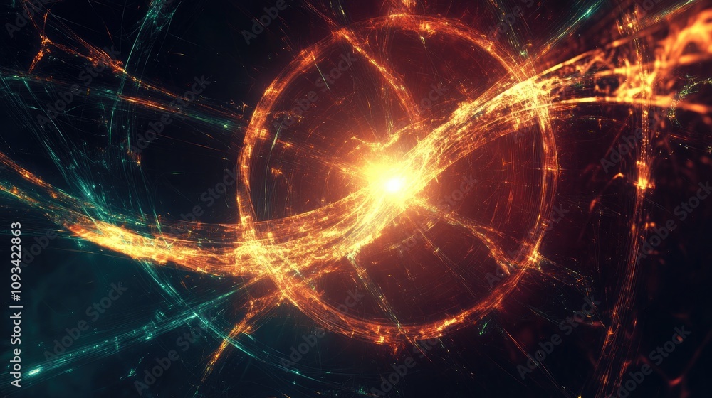 Poster glowing abstract network of interconnected lines illustrating scientific and technological concepts 