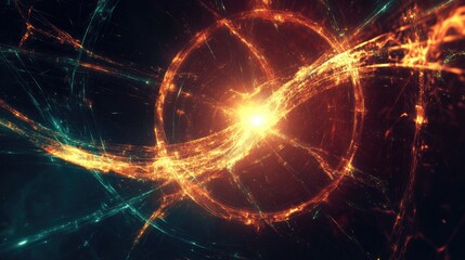 Glowing abstract network of interconnected lines illustrating scientific and technological concepts with vibrant orange and teal colors.