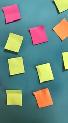 Fototapeta premium Colorful Sticky Note Background with Different Shapes on a Turquoise Surface Suitable for Office, Education, or Creative Projects, Perfect for Presentations and Planning