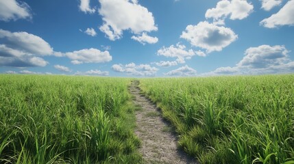 Obraz premium Pathway winding through a lush summer sugarcane field with vibrant greenery and wispy clouds, highlighting agricultural practices for juice extraction.
