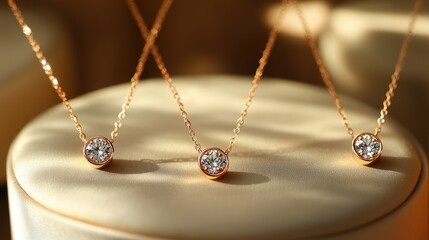 Fototapeta premium Three elegant rose gold necklaces with sparkling stones, showcasing jewelry design and luxury.