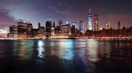 Naklejka premium Stunning Urban Skyline at Twilight with Reflective Water and Illuminated Buildings in a Vibrant Cityscape, Perfect for Travel and Architecture Themes