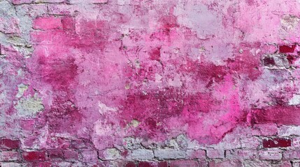 Obraz premium Vibrant abstract texture of a distressed pink brick wall showcasing rich hues and intricate surface details in a panoramic view.