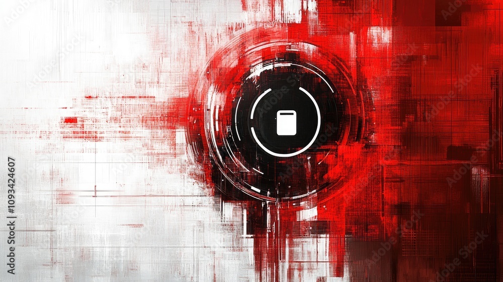 Poster abstract digital art in red and white with central secure alert icon on black background, emphasizin